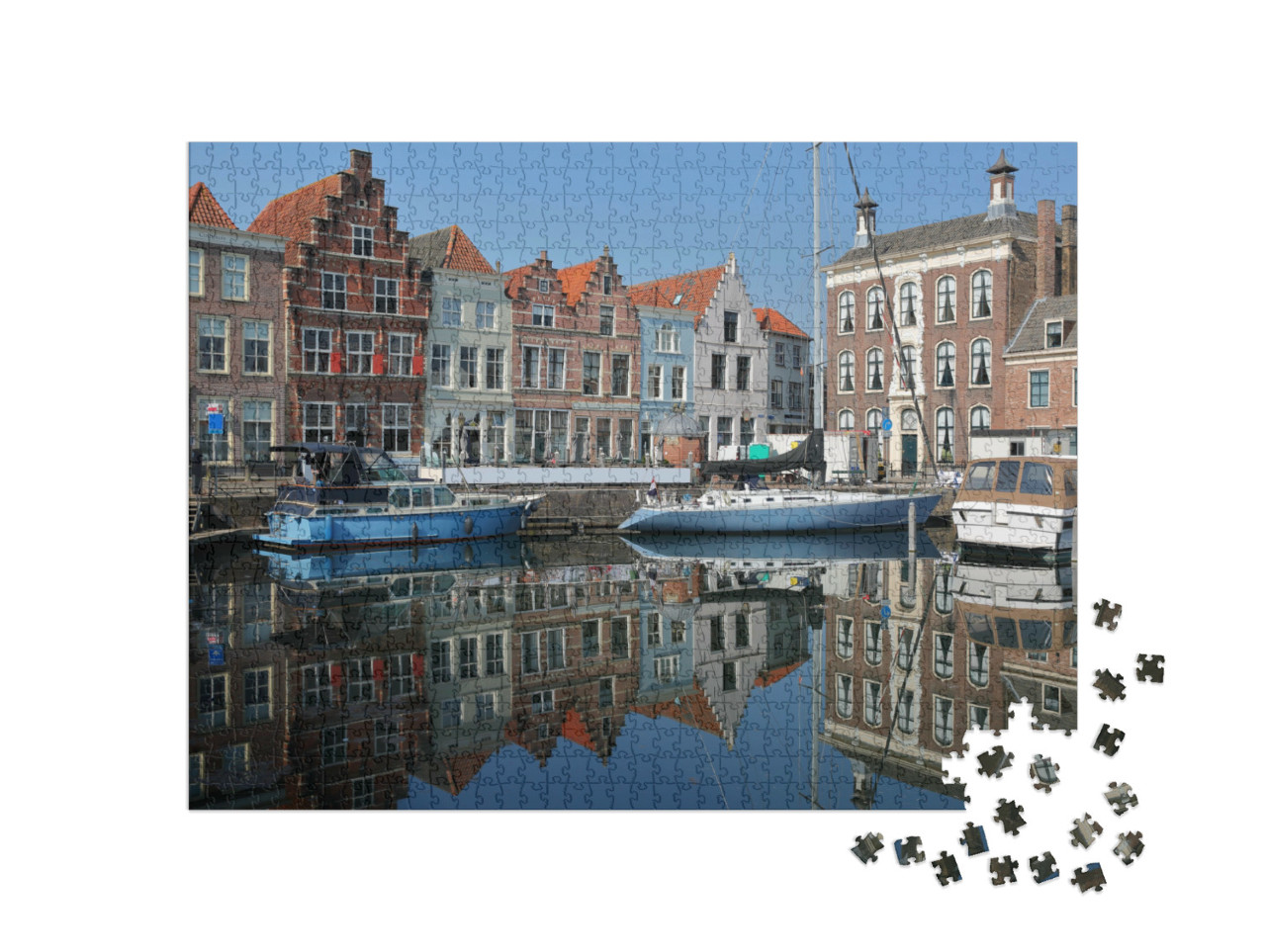 Puzzel 1000 stukjes „Middeleeuwse huizen en zeilboten in de haven van Goes, Zeeland“