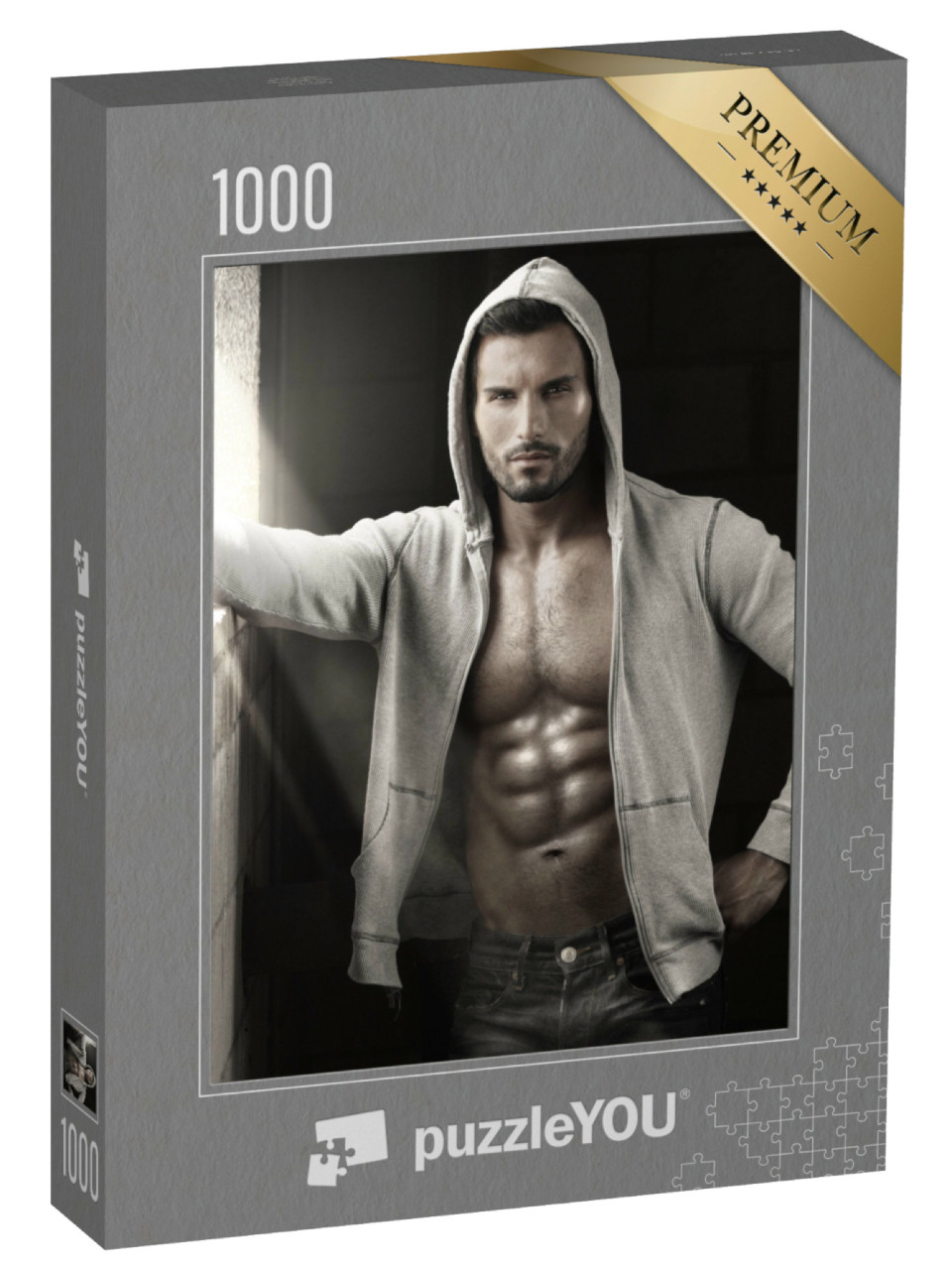Puzzel 1000 stukjes „Sexy: gespierde man in spijkerbroek en open sweatjack“