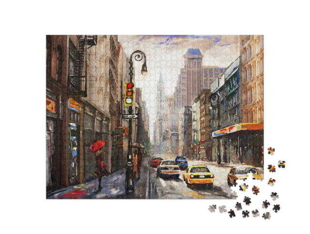 Puzzel 1000 stukjes „Olieverfschilderij op doek, Straatbeeld van New York, Vrouw“
