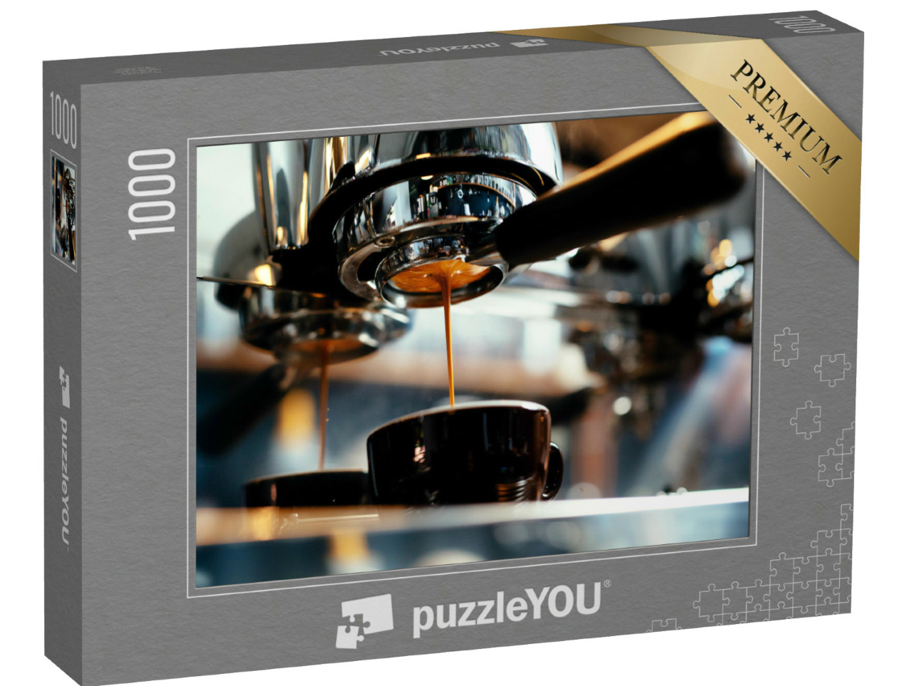Puzzel 1000 stukjes „Close-up van espresso die uit de koffiemachine stroomt“