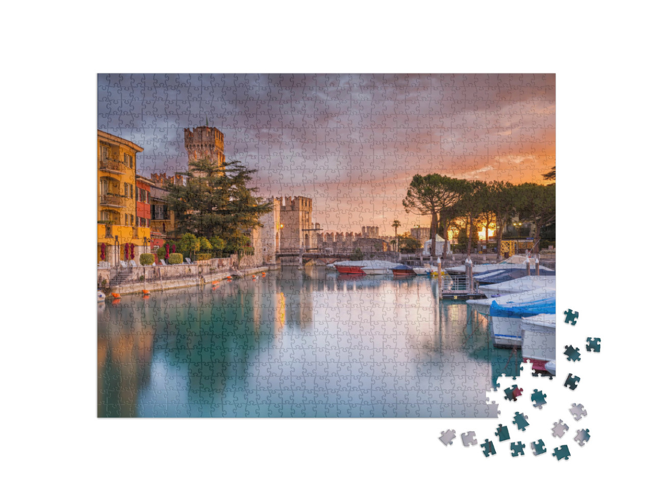 Puzzel 1000 stukjes „Haven van Sirmione in het avondlicht, Gardameer, Italië“