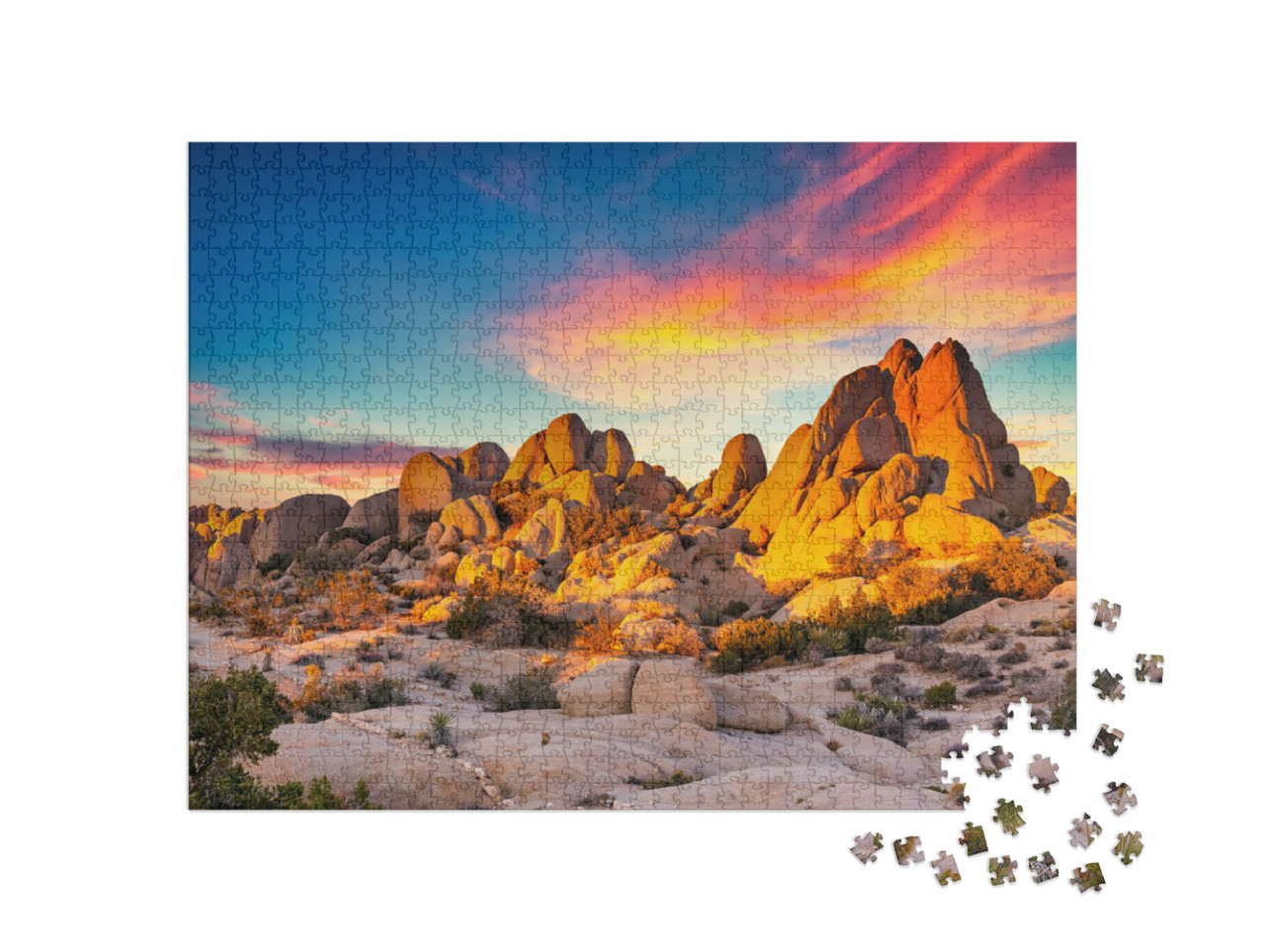 Puzzel 1000 stukjes „Rotsen in de gloedvolle zonsondergang, Joshua Tree National Park, Californië“