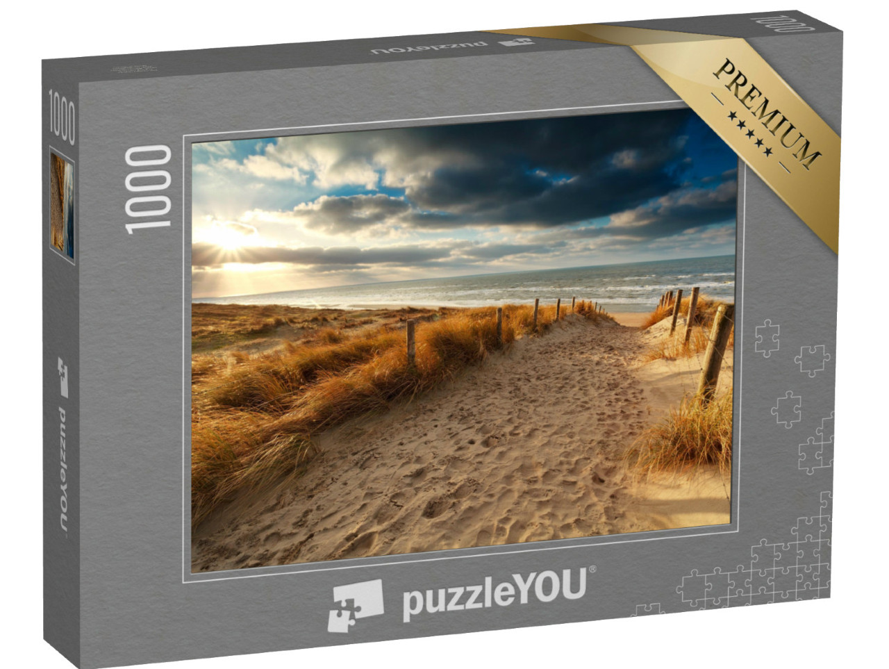 Puzzel 1000 stukjes „Zonsondergang over zandpad naar de Noordzee, Nederland“