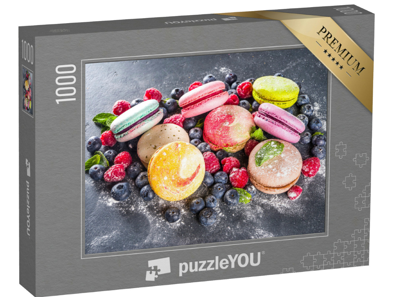 Puzzel 1000 stukjes „Kleurrijke Franse macarons met bessen en poedersuiker“