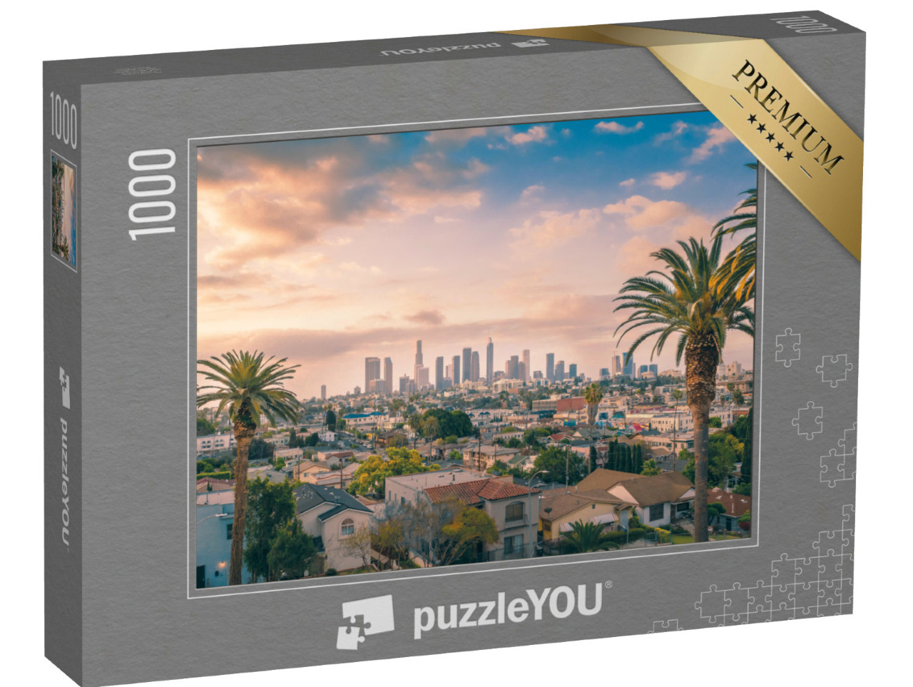 Puzzel 1000 stukjes „De skyline van de binnenstad van Los Angeles met palmbomen“