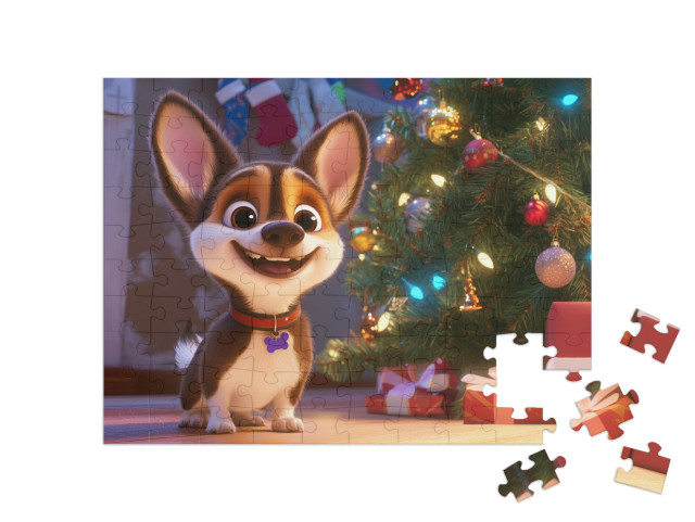 Puzzel 100 stukjes „Puppy Flippi kijkt uit naar cadeautjes“