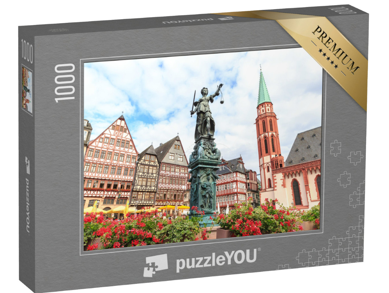 Puzzel 1000 stukjes „Historisch oud stadsplein Römerberg met Justitia standbeeld, Frankfurt, Duitsland“