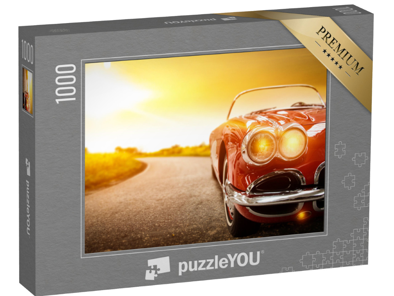 Puzzel 1000 stukjes „Retro auto op de weg in de gouden zonsondergang“