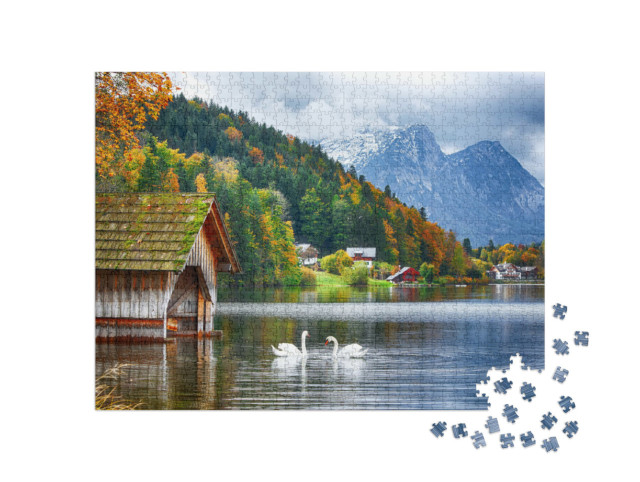 Puzzel 1000 stukjes „Twee witte zwanen op de Grundlsee, Stiermarken, Oostenrijk“