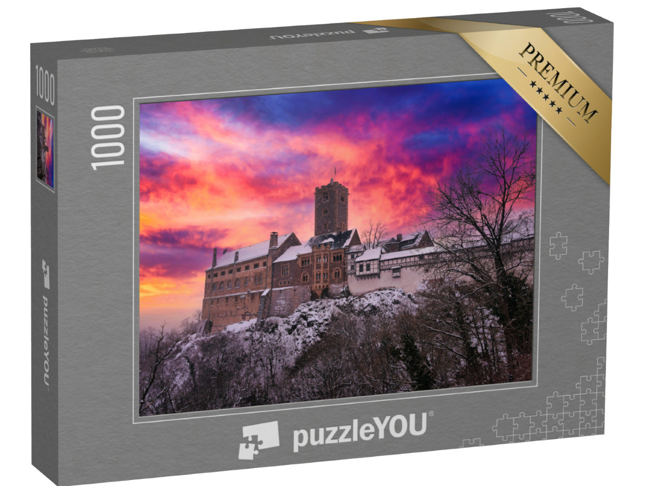 Puzzel 1000 stukjes „Kasteel Wartburg in het Thüringer Woud bij Eisenach in de stralende zonsondergang“