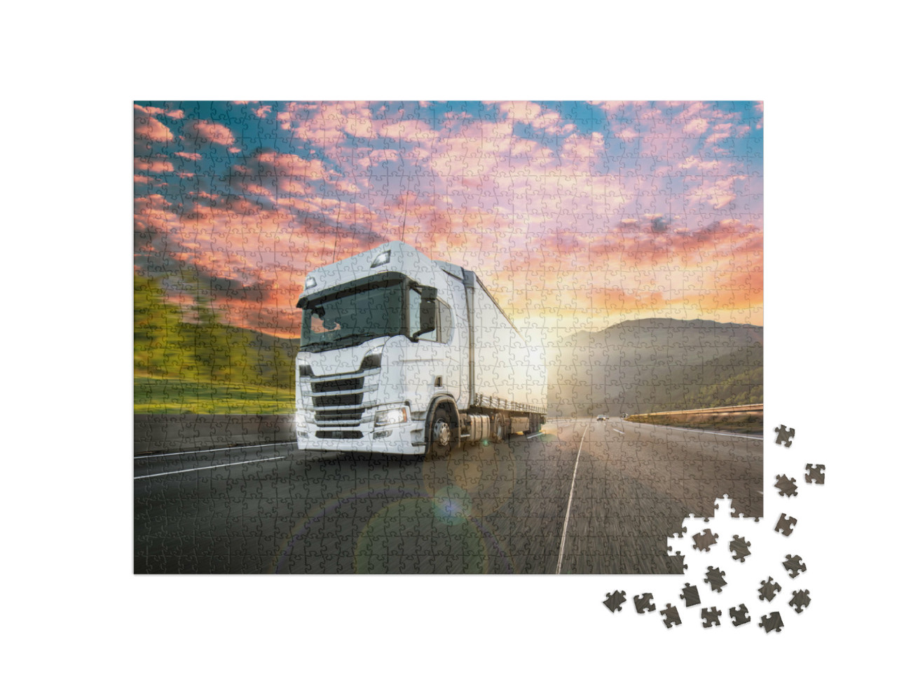 Puzzel 1000 stukjes „Witte vrachtwagen met container op de snelweg“