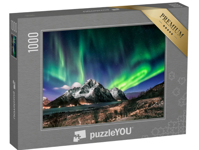Puzzel 1000 stukjes „Landschap van de Lofoten: Bezoek in de winter met aurora borealis, Noorwegen“