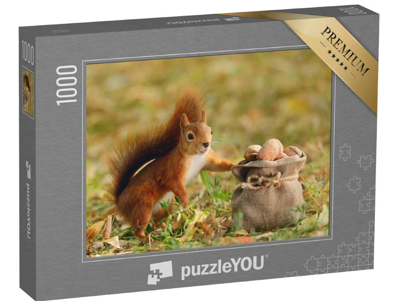 Puzzel 1000 stukjes „Portret van een rode eekhoorn met een zak noten“