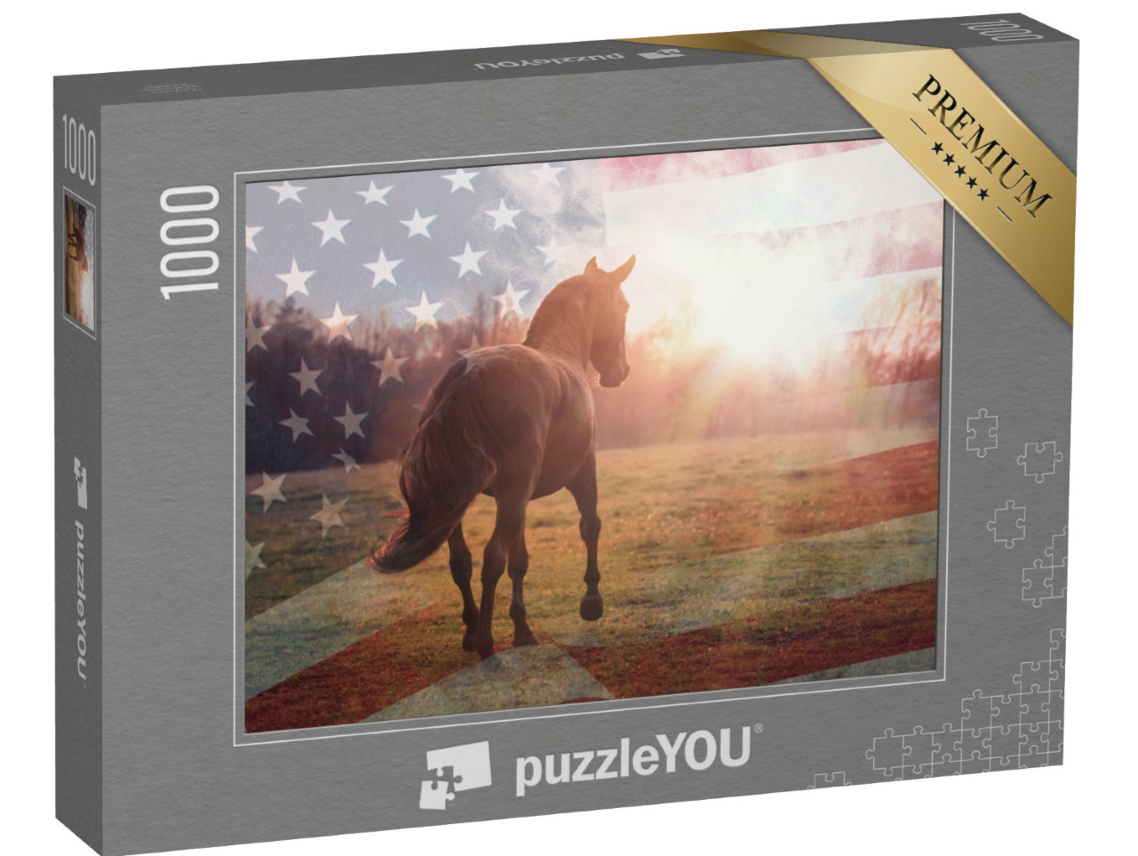 Puzzel 1000 stukjes „Portret van een Amerikaans quarter horse met de vlag van de VS“