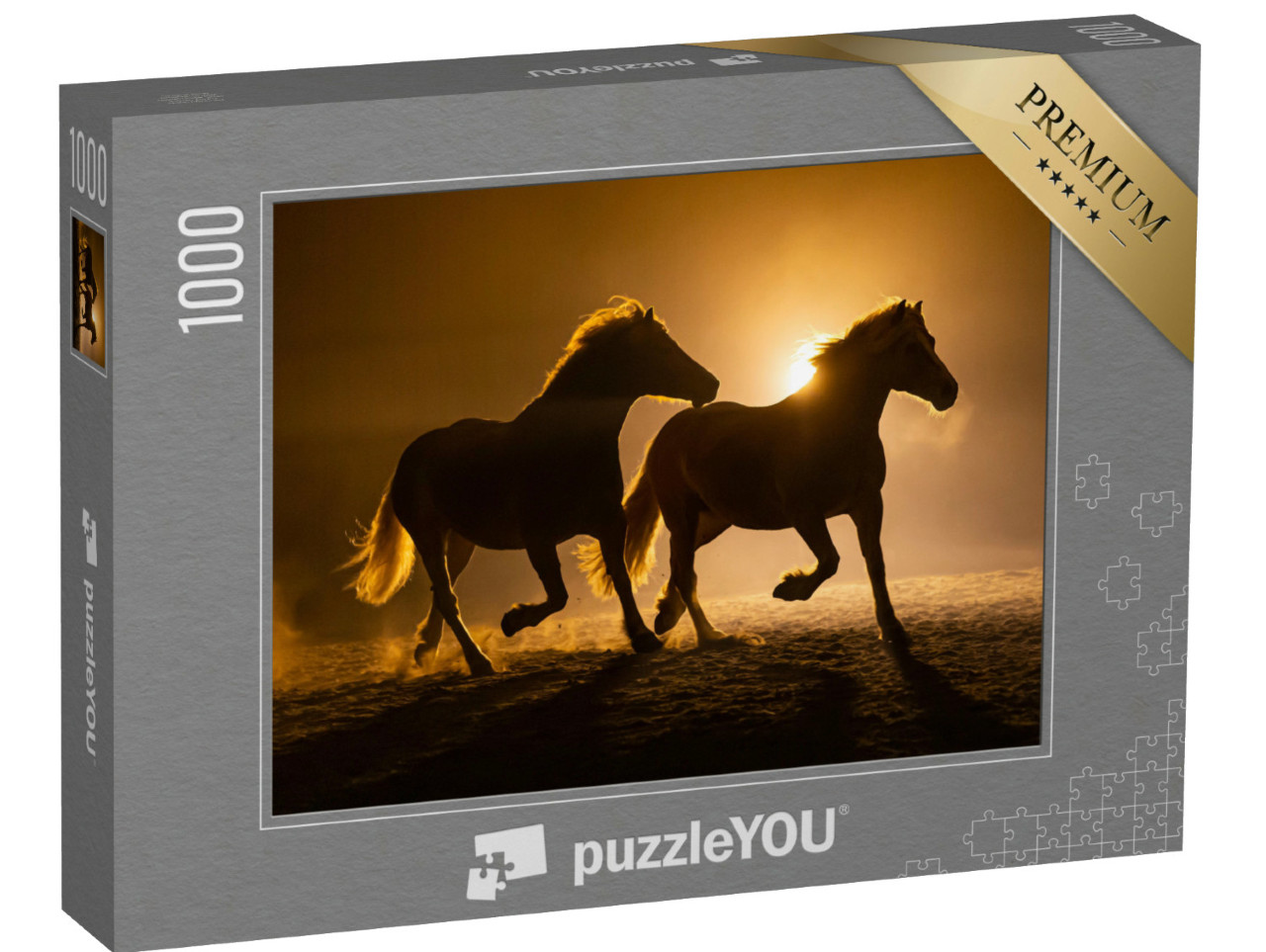 Puzzel 1000 stukjes „Silhouet van twee galopperende Haflinger paarden in de avondsfeer“