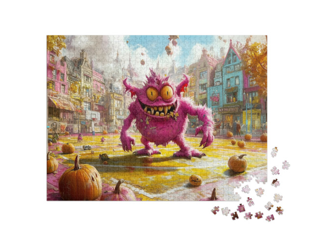 Puzzel 1000 stukjes „Paarse monsters op het basketbalveld met Halloween“