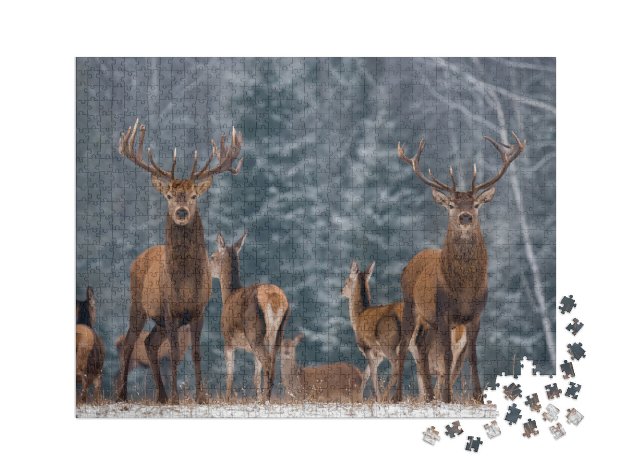 Puzzel 1000 stukjes XXL „Een kudde herten in het winterse bos“