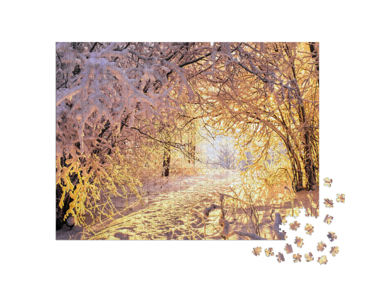 Puzzel 1000 stukjes „Winterlandschap met sneeuw en zonsondergang“
