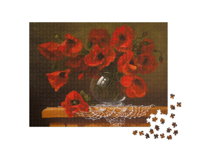 Puzzel 1000 stukjes „Klaprozen in een glazen vaas als olieverfschilderij“