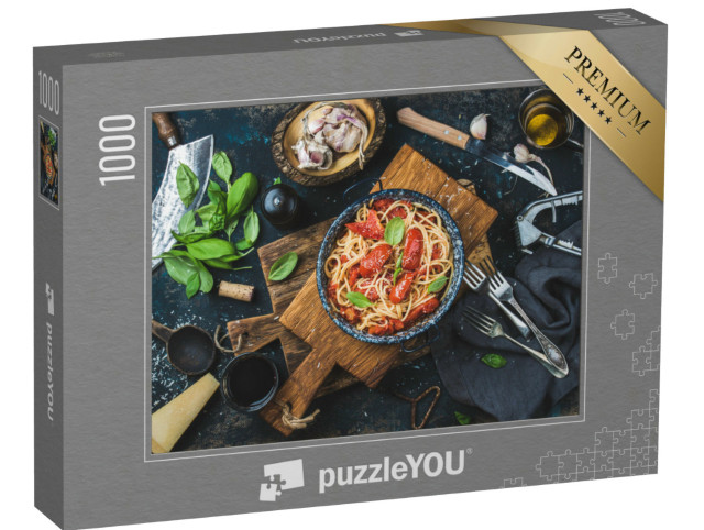 Puzzel 1000 stukjes „Italiaanse stijl: pasta, spaghetti met tomaten en basilicum“