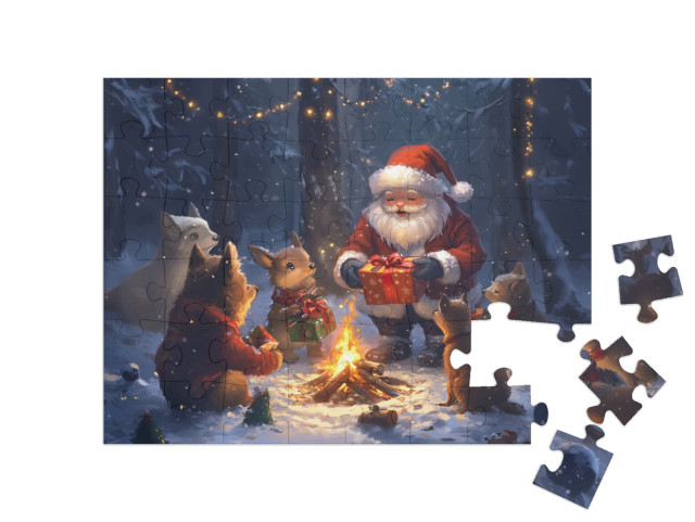 Puzzel 48 stukjes „Noël en forêt : les enfants des animaux reçoivent des cadeaux du Père Noël“