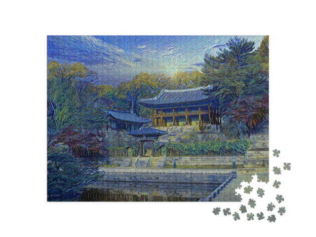 Puzzel 1000 stukjes „in de kunststijl van van Gogh, Starry Night - Autumn in Changdeokgung Palace in Seoul, Zuid-Korea“