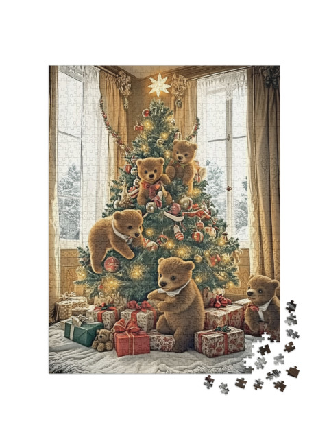 Puzzel 1000 stukjes „Des enfants ours jouent dans le sapin de Noël“