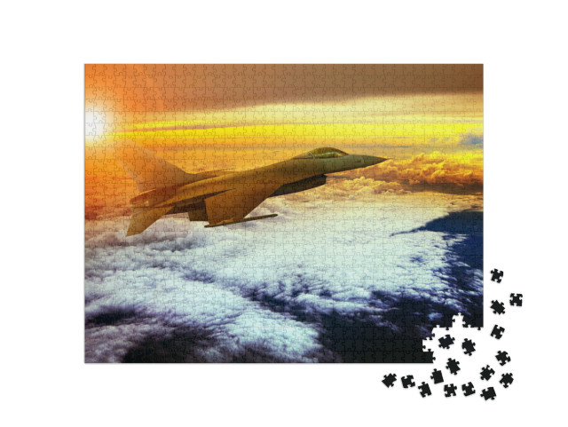 Puzzel 1000 stukjes „Militair vliegtuig vliegt boven het wolkendek“