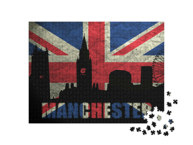 Puzzel 1000 stukjes „Manchester skyline op Britse grungevlag“