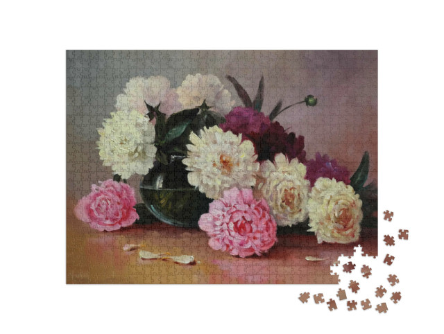 Puzzel 1000 stukjes „Witte en roze pioenrozen in een glazen vaas“