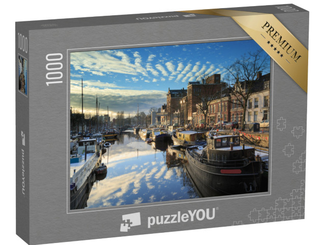 Puzzel 1000 stukjes „Schepen en boten in een kanaal in Groningen, Noorderhaven, op een winterse dag“