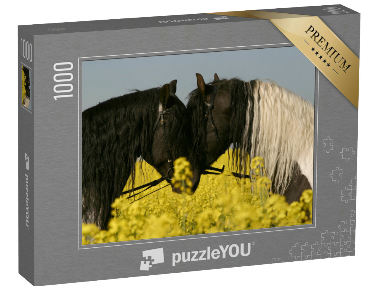 Puzzel 1000 stukjes „Twee Friese paarden voorhoofd tegen voorhoofd in het koolzaadveld“