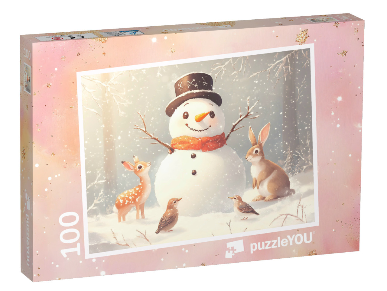 Puzzel 100 stukjes „Plezier in de sneeuw met de bosdieren“