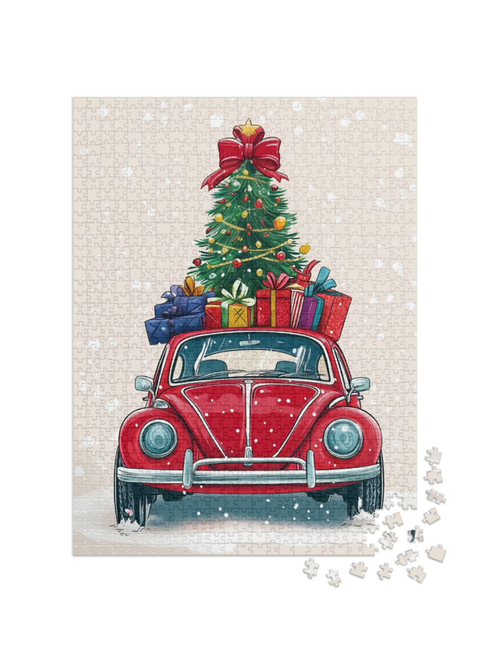 Puzzel 1000 stukjes „Voiture rouge chargée de cadeaux“