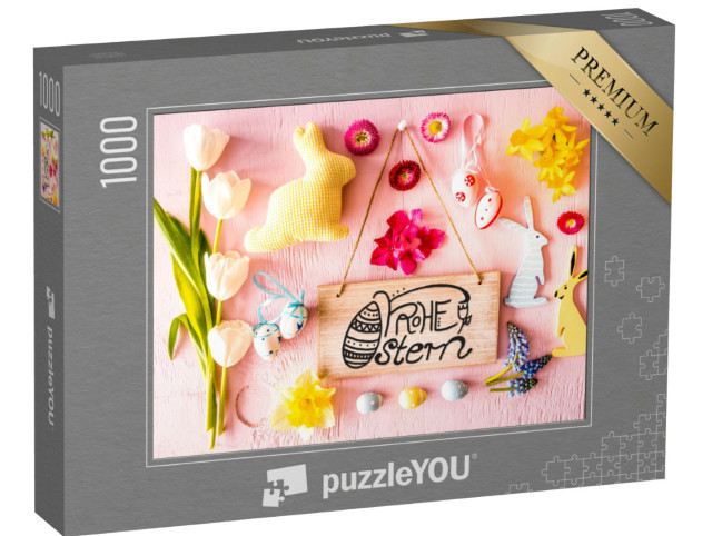 Puzzel 1000 stukjes „Kleurrijke paasdecoratie in roze met konijntje“