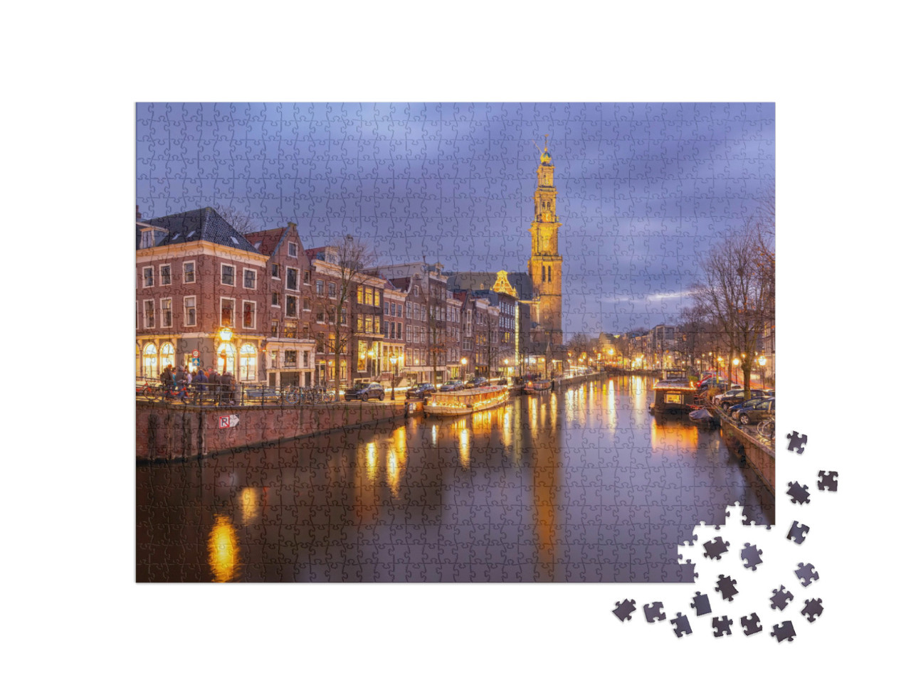Puzzel 1000 stukjes „Nachtelijk stadsgezicht van de Prinsengracht in Amsterdam en de Westerkerk“