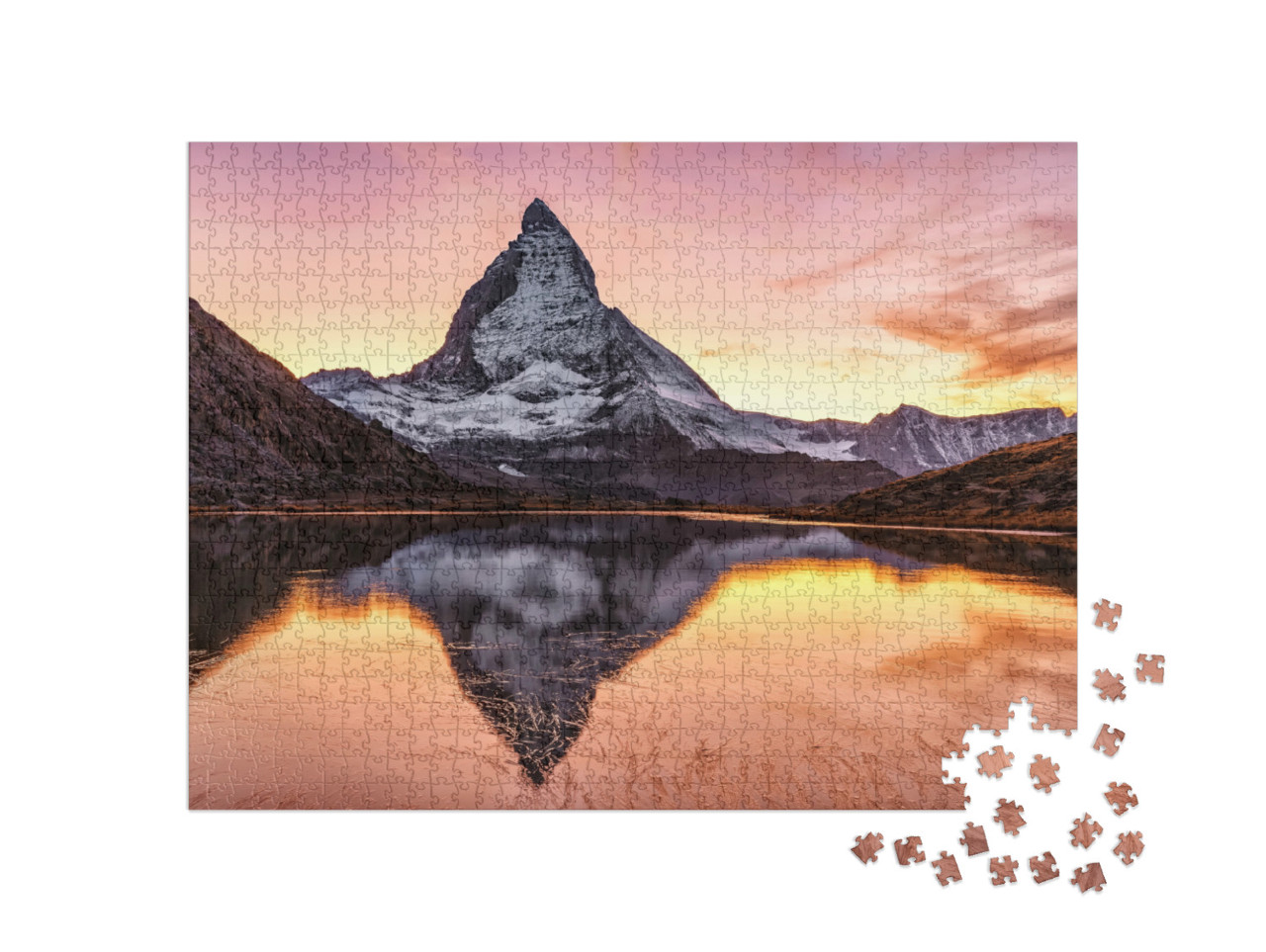 Puzzel 1000 stukjes „Prachtige zonsondergang op de Matterhorn en Riffelsee, Zwitserland“