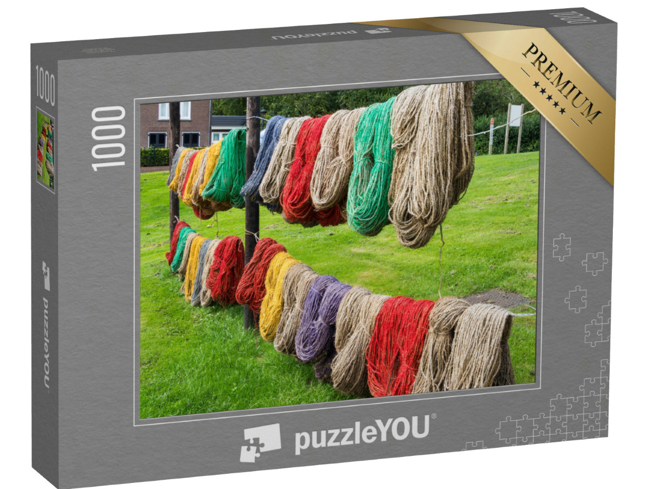 Puzzel 1000 stukjes „Kleurrijk tapijtgaren droogt in het tapijtmuseum in Genemuiden“
