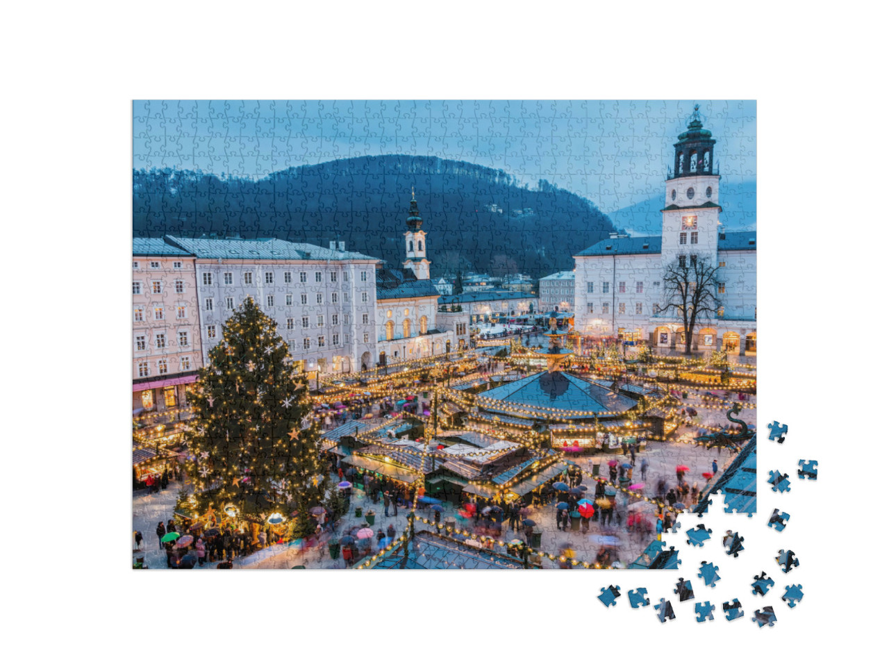 Puzzel 1000 stukjes „Oude binnenstad van Salzburg met kerstmarkt, Oostenrijk“