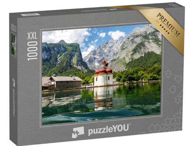 Puzzel 1000 stukjes XXL „Uitzicht op de St Bartholomeuskerk vanaf Königssee, Beieren“