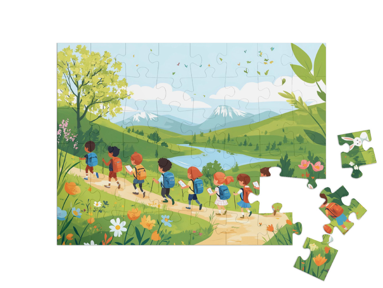 Puzzel 48 stukjes „Zonneschijn, bergen en gelukkige kinderen“