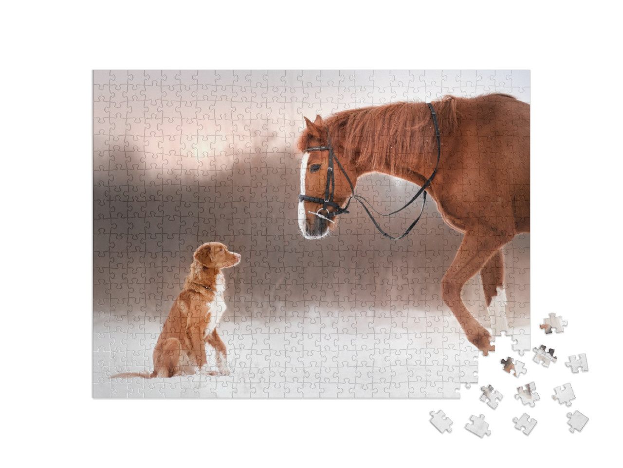 Puzzel 500 stukjes „Vriendschap: Paard en hond tijdens een wandeling door de sneeuw“