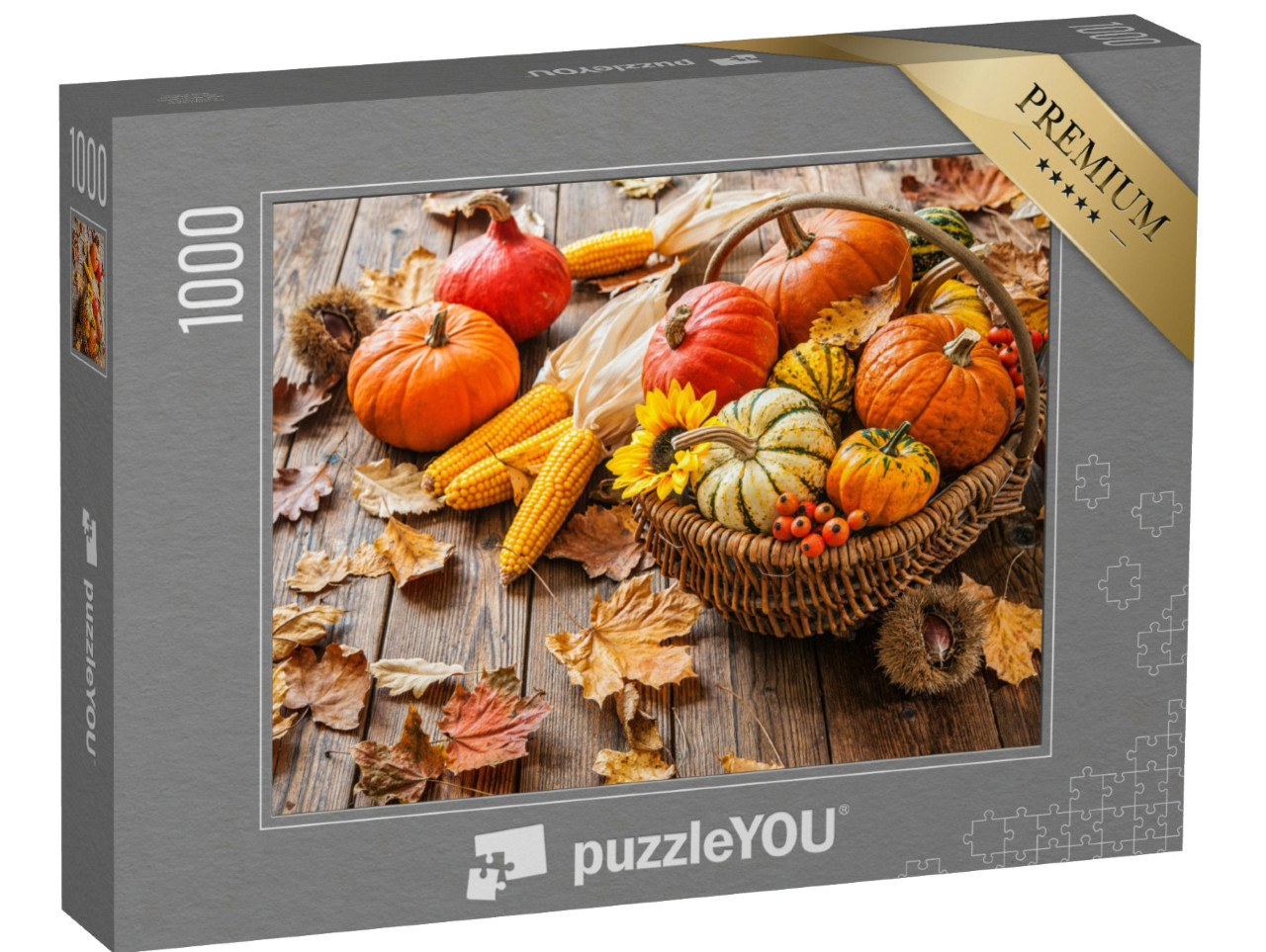Puzzel 1000 stukjes „Herfststilleven met pompoenen, maïskolven en bladeren“