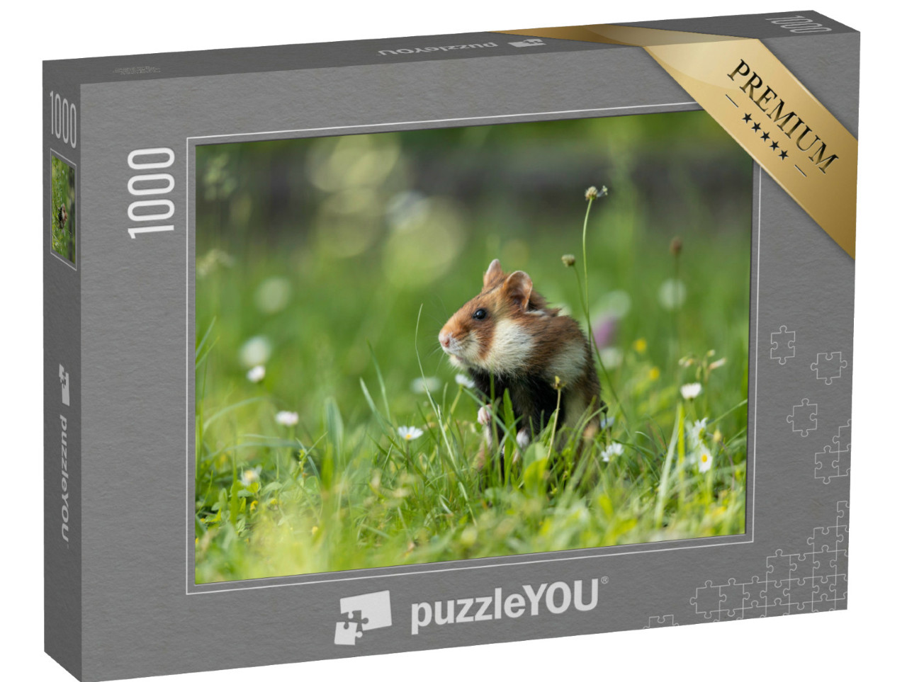 Puzzel 1000 stukjes „Veldhamster op een groene weide met bloemen“