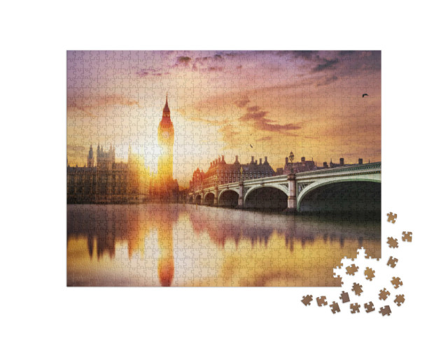 Puzzel 1000 stukjes „Big Ben en Westminster Bridge bij schemering, Londen, Engeland“