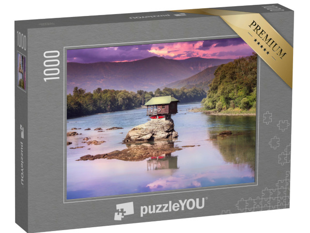 Puzzel 1000 stukjes „Kleurrijk huisje op de rots midden in de rivier de Drina, Servië“