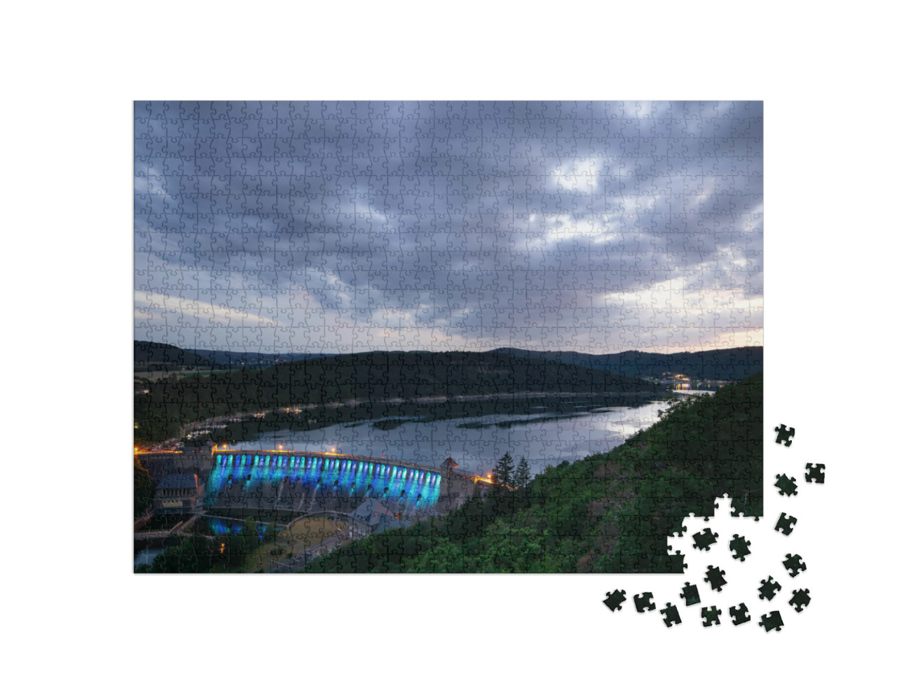 Puzzel 1000 stukjes „Uitzicht vanaf het uitzichtspunt Kleine Kanzel op de Edersee bij zonsondergang“