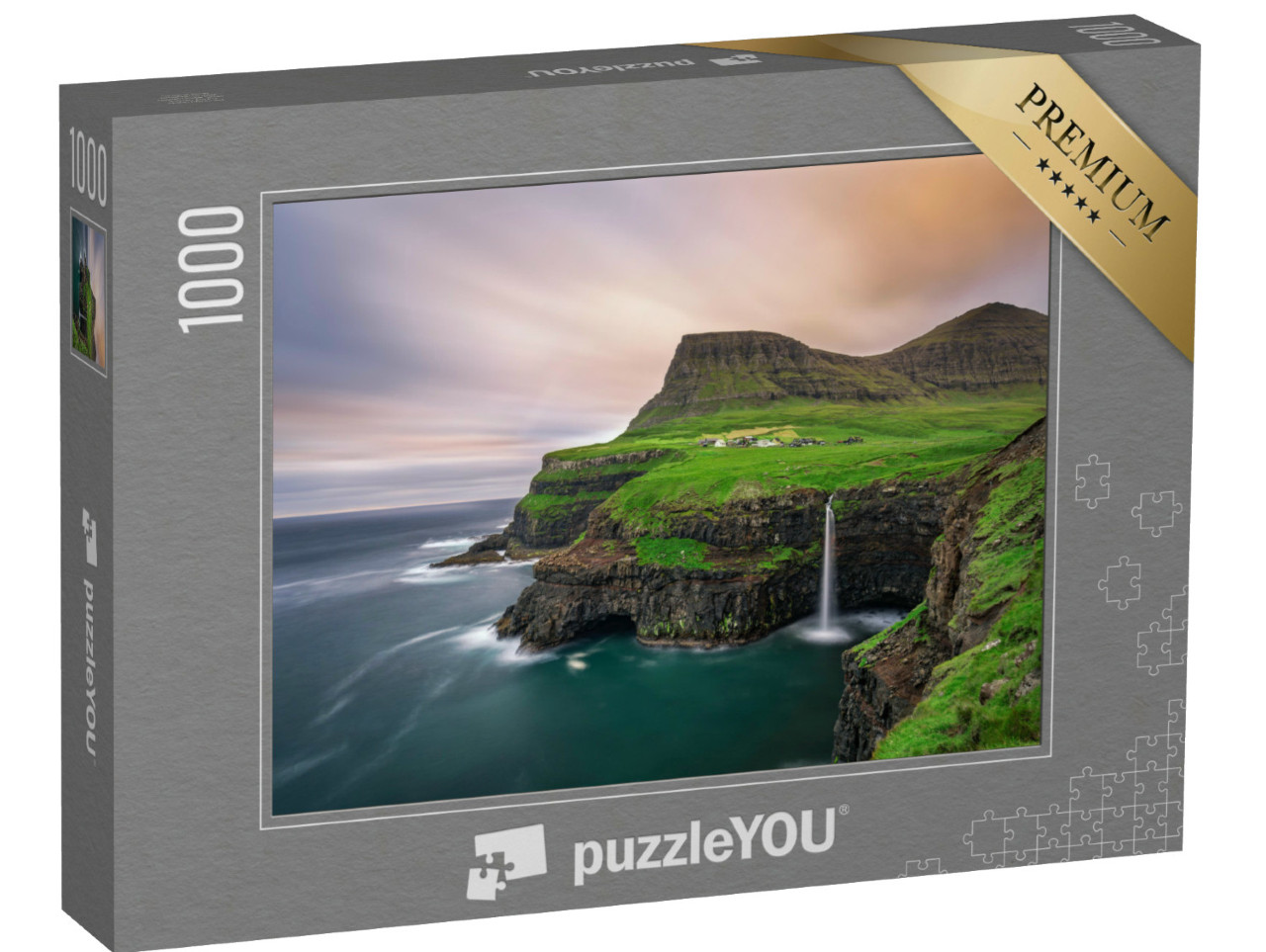 Puzzel 1000 stukjes „In de rivier: fantastische Gasadalur waterval met lange belichting“