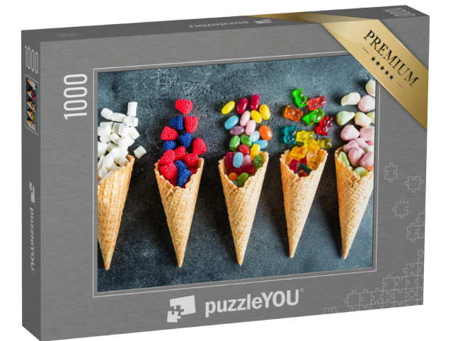 Puzzel 1000 stukjes „Wafelhoorntjes met kleurrijk snoepgoed in de zomer“