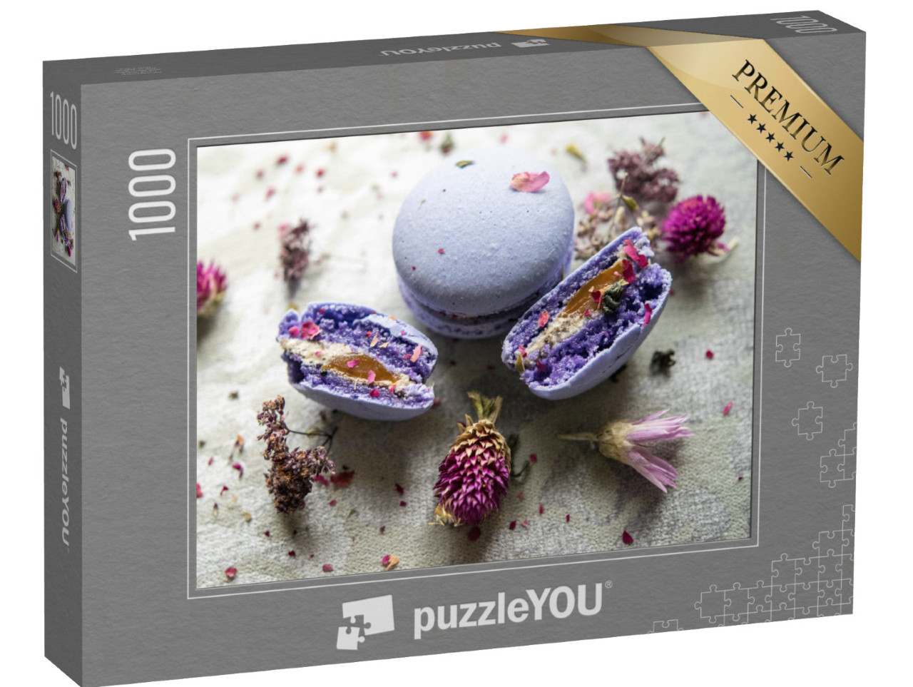 Puzzel 1000 stukjes „Paarse macarons met wilde bloemen“